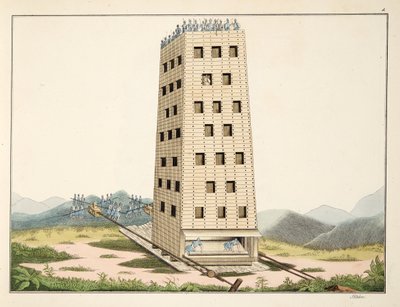 Torre móvil, diseñada según la torre de César en Namur, lámina de 