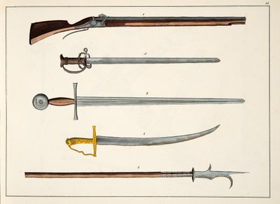 Armas incluyendo espadas y lanzas, c.1400, lámina de Una historia del desarrollo y costumbres de la caballería, por Dr. Franz Kottenkamp, publicado por Carl Hoffmann, 1842 de Friedrich Martin von Reibisch
