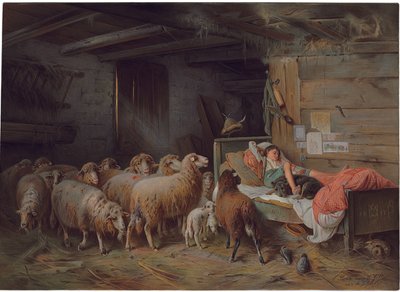 Placa que representa a un pastor dormido con su perro, un rebaño desatendido a su lado, finales del siglo XIX - principios del siglo XX de Friedrich Otto Gebler