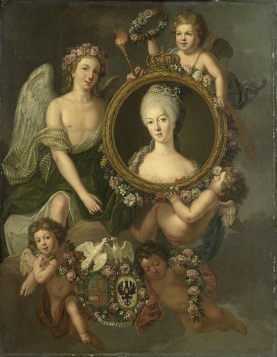 Retrato de Guillermina de Prusia en un medallón con alusiones a su matrimonio con el príncipe Guillermo V el 4 de octubre de 1767 en Berlín (Frederika Sophia Wilhelmina) de Friedrich Reclam