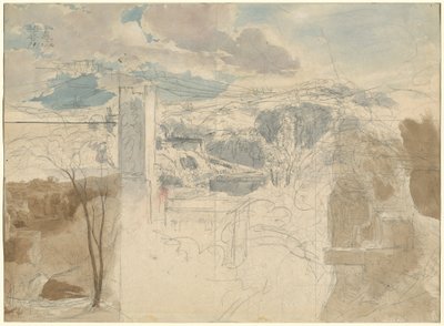 Ruinas de una torre fortificada entre colinas boscosas [recto] de Friedrich Salathé