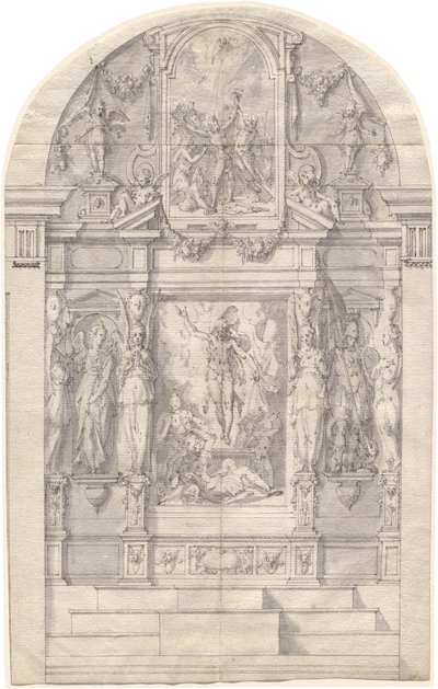 Un altar elaborado con la resurrección de Cristo y el martirio de San Andrés de Friedrich Sustris