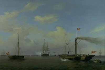La escuadra danesa anclada en la rada de Warnemünde. Sus altezas reales el príncipe heredero y la princesa heredera llegan en el vapor "Kiel" a la escuadra, y el buque de guerra "Christian el Octavo" comienza a saludar de Friedrich Theodore Kloss