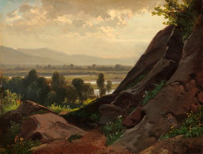 Paisaje de montaña con un afloramiento rocoso en primer plano de Friedrich Voltz
