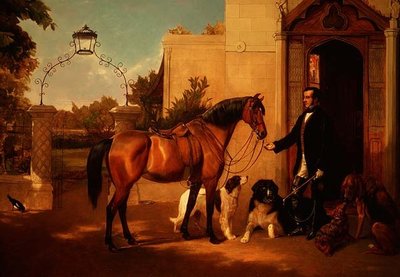 Un caballero con su cazador y perros fuera de su casa de Friedrich Wilhelm Keyl