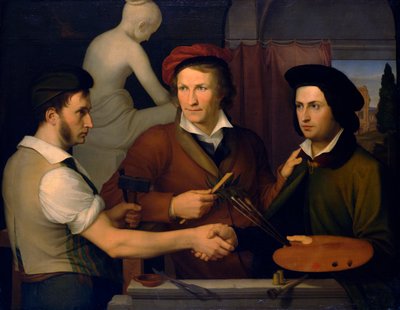 Autorretrato con su hermano Ridolfo y Bertel Thorvaldsen, 1815-1816 de Friedrich Wilhelm von Schadow