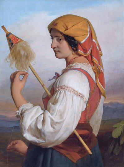 Alemán: mujer italiana (Chiaruccia) con rueca de Friedrich von Amerling
