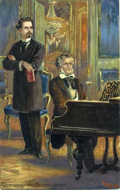 Wagner y el rey Luis II, c.1900 (litografía en color) de Fritz Bergen