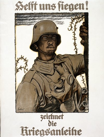 ¡Ayúdanos a vencer! Firma el préstamo de guerra, pub. Múnich, 1917 de Fritz Erler