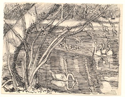 Un lago con cuatro cisnes de Fritz Syberg