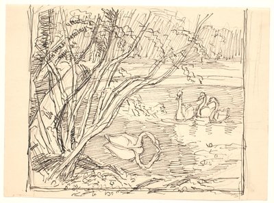 Un lago con cuatro cisnes de Fritz Syberg