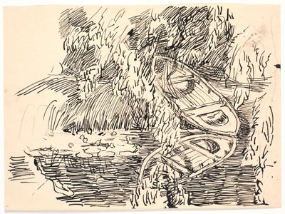 Un lago en el bosque con dos botes de remos de Fritz Syberg