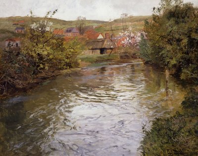 Casas de campo en las orillas de un arroyo de Frits Thaulow