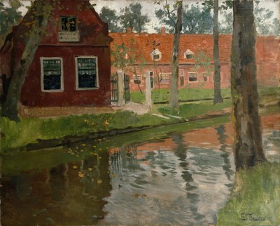 De Vollendam, casa roja, agua de Fritz Thaulow