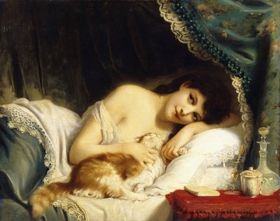 Una belleza reclinada con su gato de Fritz Zuber Buhler