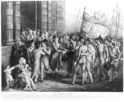 Diputados de la Convención Nacional saliendo de la Asamblea en las Tullerías, 31 de mayo de 1793, grabado por Jean Joseph Tassaert (1765-1835) de Fulchran Jean Harriet