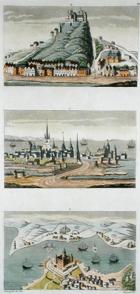 Puertos Escandinavos (De Arriba a Abajo: Copenhague, Fortaleza de Segeburg y Fuerte de Sund) c.1800-15, lámina 50 de 