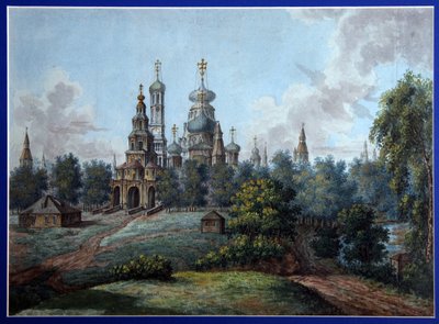 El Monasterio de la Nueva Jerusalén. Arquitectura ortodoxa rusa, en Istra, cerca de Moscú. Obra de Fyodor Yakovlevich Alexeyev (1753-1824), acuarela y tinta sobre papel, hacia 1800. Arte ruso, principios del siglo XIX, clasicismo. S t de Fyodor Alexeyev