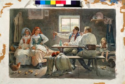 El seductor: un hombre señala a una de las dos jóvenes campesinas sentadas junto a la mesa en la que se encuentra - Obra de Fyodor Fyodorovich Buchholz (Feodor Feodorovich Bukholts, Teodor Buchholz) (1857-1942) de Fyodor Buchholz