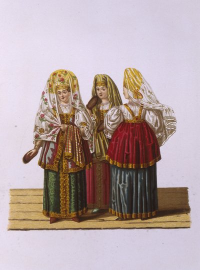 Trajes de mujeres y doncellas de Tver de la serie Vestimenta del estado ruso de Fyodor Grigoryevich Solntsev