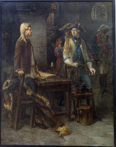 "Le tsar Pierre III rend visite a Ivan VI (1740-1764) enferme dans la forteresse de Chlisselbourg (Schlusselbourg) en 1762 (1728-1762)" El emperador Pedro III visitando a Iván VI Antonovich en la fortaleza de Shlisselburg en 1762 - Peinture de Fyodor Yemel de Fyodor Jemelyanovich Burov