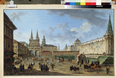 Moscú, Vista de la Puerta de la Resurrección en la Plaza Roja. Pintura de Fyodor Yakovlevich Alexeev (1753-1824). Acuarela y gouache sobre papel, 58,2 x 91,2 cm, ca. 1801. Arte ruso, clasicismo. Museo de de Fyodor Yakovlevich Alexeev