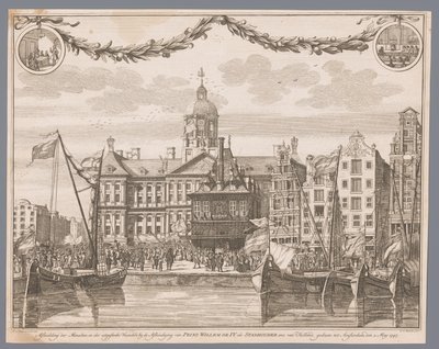 Una multitud en la plaza Dam de Ámsterdam celebra la proclamación de Guillermo IV como jefe de estado
Representación del pueblo y de los estandartes desplegados con motivo de la proclamación del príncipe Guillermo IV como jefe de estado, etc., de Holanda, de G.J. Marstaller