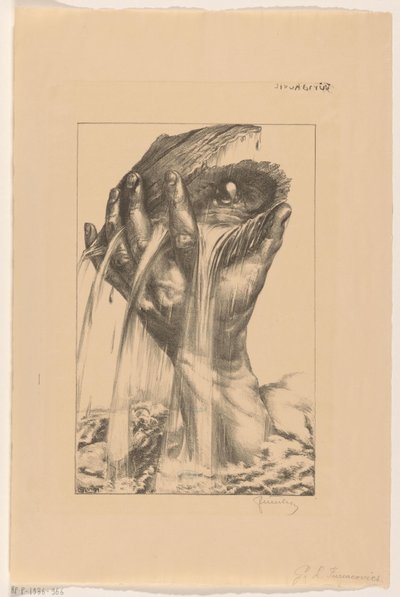 Mano que levanta una ostra con perla del mar de G.L. Furiacovics (signed by artist)