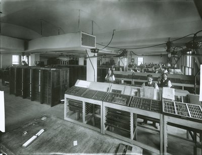 Sala de composición tipográfica del New York Evening Post de G.P. Hall und Sohn