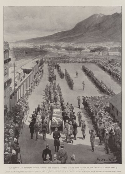 La última despedida de Ciudad del Cabo a Cecil Rhodes, el cortejo llegando a la estación de Ciudad del Cabo para unirse al tren fúnebre, 3 de abril de G.S. Amato