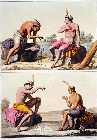 Indios jugando Queciu (arriba) y Porotos (abajo), Chile, de 