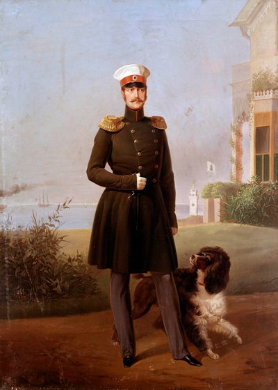 Retrato de cuerpo entero del zar ruso Nicolás I (1796-1855) en Peterhof. Pintura de Georg Botmann (siglo XIX). Siglo XIX. San Petersburgo. Chateau De Peterhof de G. Botmann