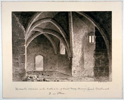 Restos monásticos en el lado norte de la iglesia de St Mary Overy, Southwark, Londres, 1835 de G Buckler