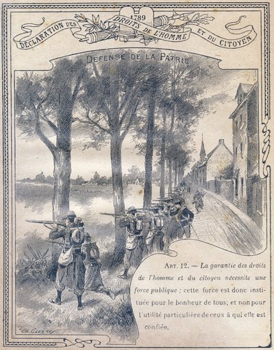 1789: Declaración de los Derechos del Hombre y del Ciudadano: Defensa de la patria. Grabado en "El libro único de moral e instrucción cívica, destinado a los alumnos de los tres cursos de la Escuela primaria y a los de las clases primarias de los Liceos y  de G. Dascher