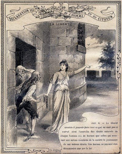 1789: Declaración de los derechos del hombre y del ciudadano: La libertad. Grabado en "El libro único de moral e instrucción cívica, destinado a los alumnos de los tres cursos de la Escuela primaria y a los de las clases primarias de los Liceos y Colegios" de G. Dascher