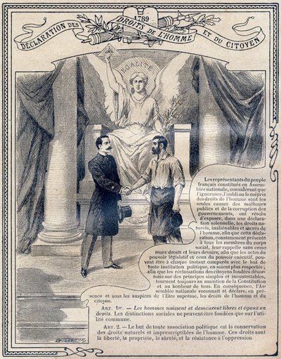 1789: Declaración de los Derechos del Hombre y del Ciudadano: Igualdad. Grabado en "Le livre unique de morale et d