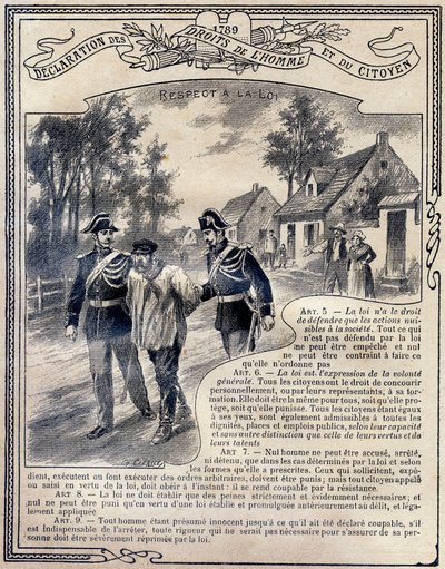 1789: Declaración de los derechos del hombre y del ciudadano: Respeto a la ley. Grabado en "El libro único de moral e instrucción cívica, destinado a los alumnos de los tres cursos de la Escuela primaria y a los de las clases primarias de los Liceos y Cole de G. Dascher