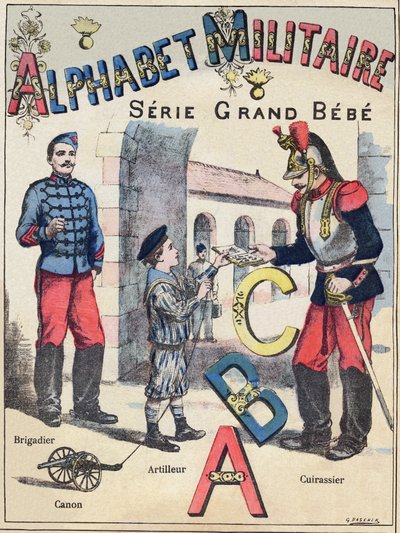 Portada de "Alfabeto militar", serie Grand-Bebe. Grabado. Imágenes de Pont-a-Mousson. Louis Vagne, Impresor-Editor, circa 1900. Ilustraciones de G. Dascher. 20 páginas. Dim: 31,5x24,5cm de G. Dascher