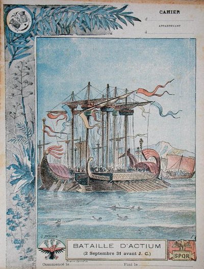 Portada de cuaderno escolar que ilustra la Batalla de Actium, 2 de septiembre del 31 a.C., c.1900 de G. Dascher