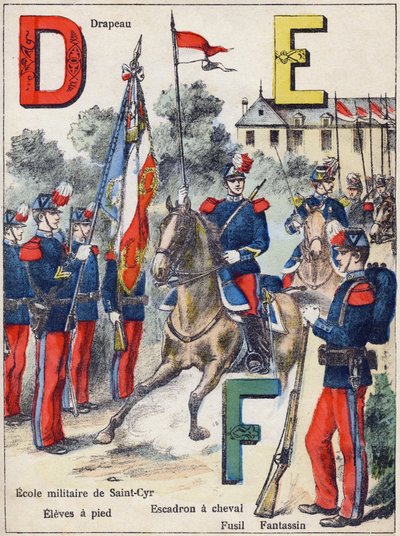 Letras D E F: Bandera, Escuela Militar de Saint-Cyr (Saint Cyr), Alumnos a pie, Escuadrón de caballería, Fusil y Infante, c.1900 (litografía) de G. Dascher
