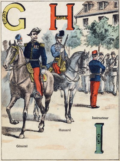 Letras G H I: General, Húsar e Instructor. Grabado en "Alphabet militaire", serie Grand-Bebe. Grabado. Imágenes de Pont-a-Mousson. Louis Vagne, Impresor-Editor, circa 1900. Ilustraciones de G. Dascher. 20 páginas. Dim: 31,5x24,5cm de G. Dascher