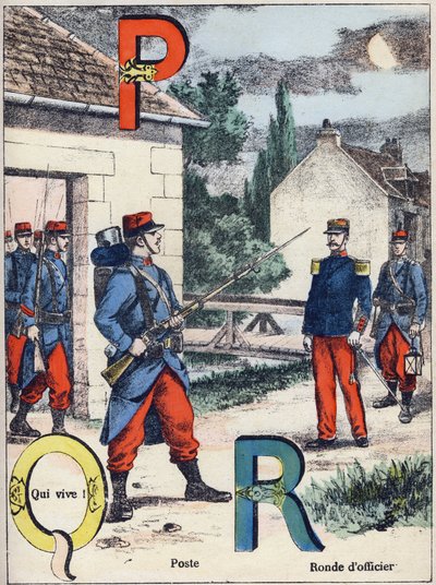 Letras P Q y R: Posta, ¡Quién vive! y Ronda del Oficial. Grabado en "Alfabeto militar", serie Grand-Bebe. Grabado. Imágenes de Pont-a-Mousson. Louis Vagne, Impresor-Editor, circa 1900. Ilustraciones de G. Dascher. 20 páginas. Dim: 31,5x24,5cm de G. Dascher