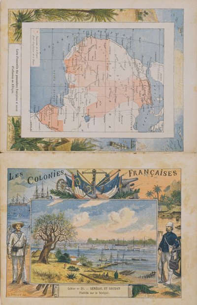 Mapa de posesiones francesas y esferas de influencia en África y una vista del río Senegal, portada de un cuaderno escolar, finales del siglo XIX de G. Dascher