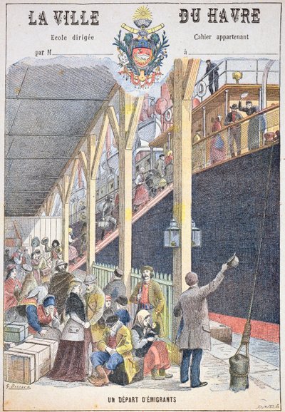 La Partida de Emigrantes desde Le Havre, portada de un libro escolar de G. Dascher