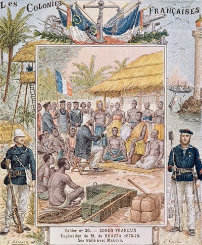 La exploración de M. de Brazza (1875-79) Su tratado con Makoko, ilustración de 