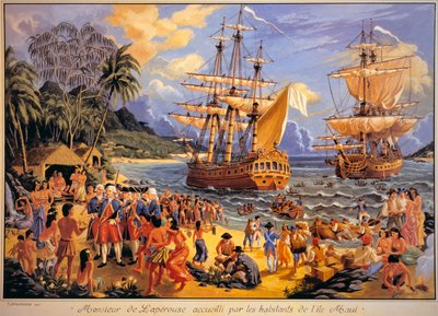 Jean Francois Galaup de Laperouse recibido por los habitantes de la isla de Mawee en las Islas Sandwich del Océano Pacífico (litografía en color) de G. Delcausse