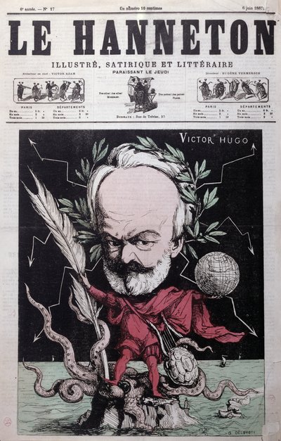 Caricatura de Victor Hugo (1802-85) como Zeus en el exilio en Guernsey de la portada de Le Hanneton, junio de 1867 de G. Deloyoti
