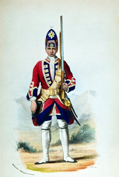 Un soldado de los Royal North British Fusiliers en 1742, para los registros militares de Cannons de G. E. Madeley