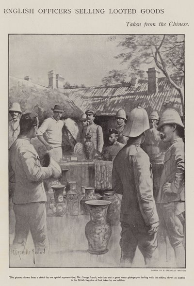 Oficiales ingleses vendiendo bienes saqueados tomados de los chinos durante la Rebelión de los Bóxers de G. Grenville Manton