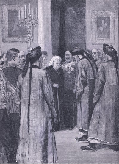 Visita de Li Hung-Chang a la Reina en Osborne, ilustración de la Historia de Inglaterra de Cassell, 1900s de G. Grenville Manton